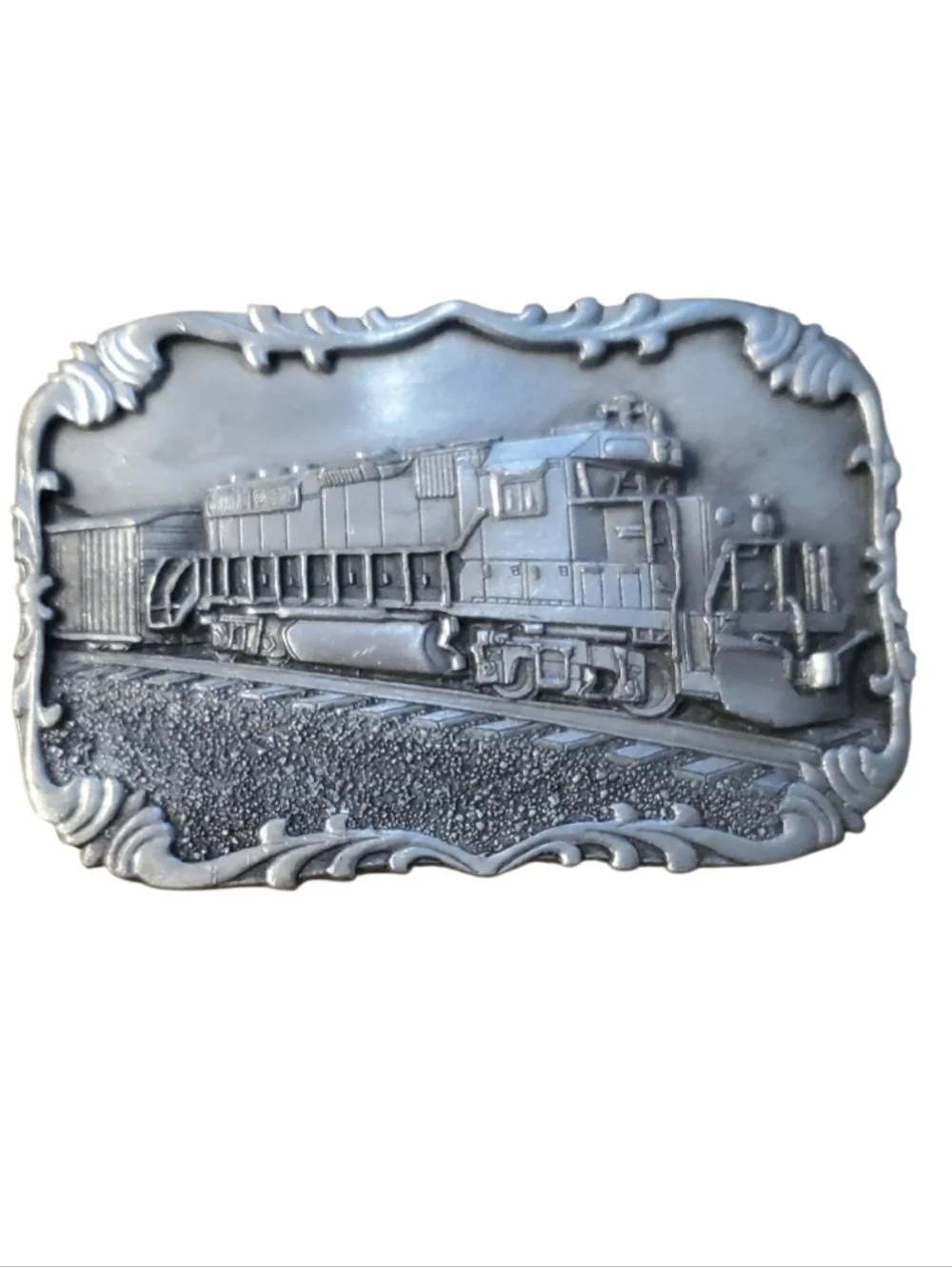 Vintage Train Motif Metal Belt Buckle - Silver Tone 1984 Siskiyou Buckle‎ Co